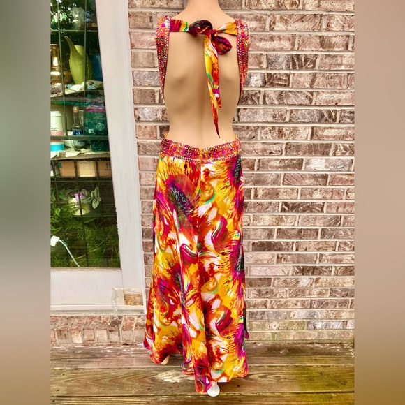 Watercolor Rainbow Rhinestone Halter Prom Dress - Picture 5 of 12